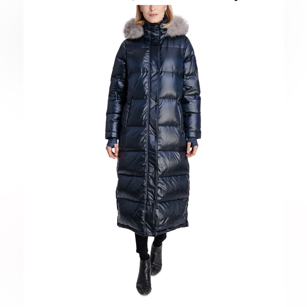 Michael Kors Faux-Fur-Trim Hooded Down Maxi Puffer Coat, PS, Black (not navy)